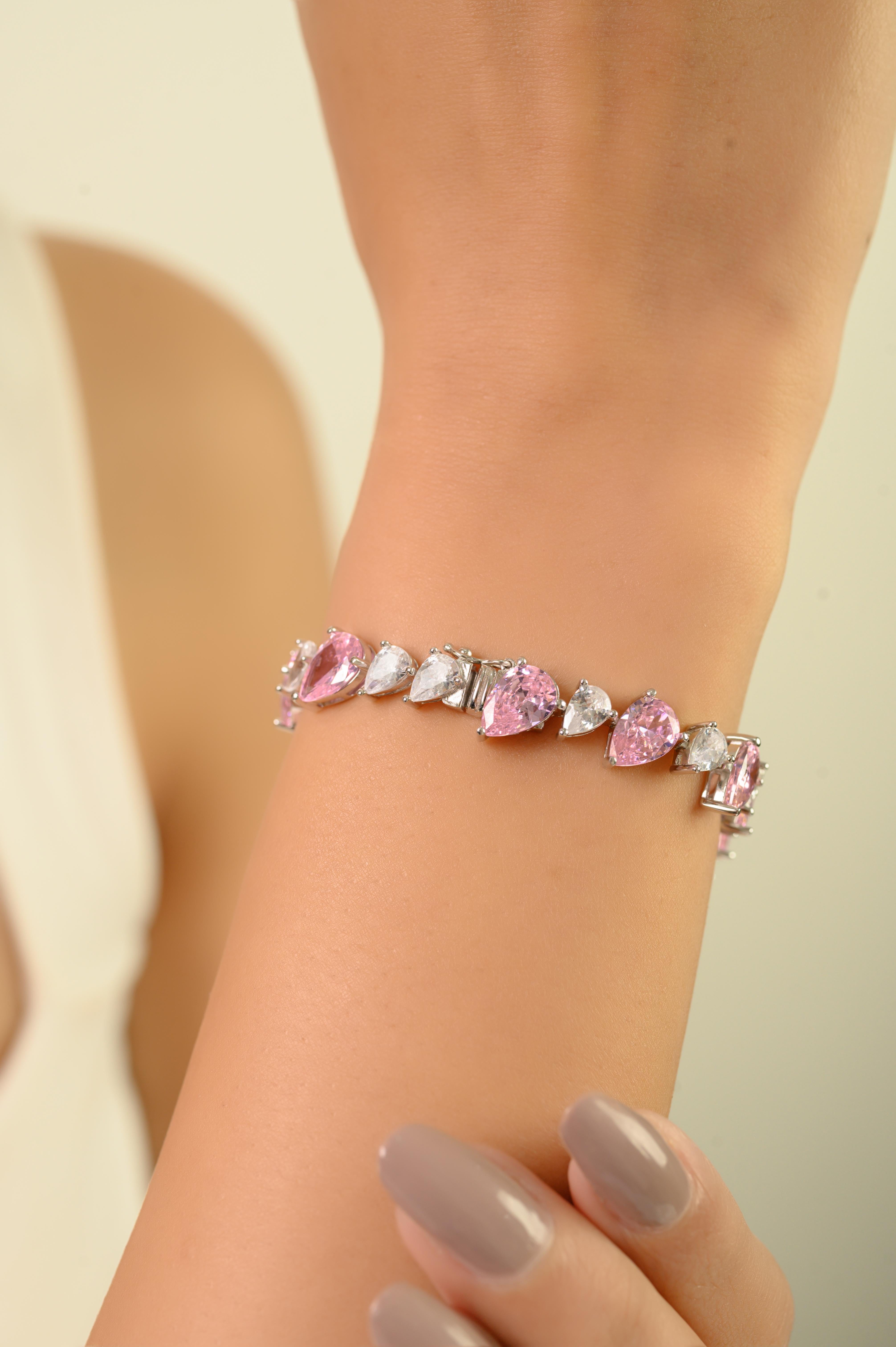 Bracciale tennis in argento sterling Silvorra con pietre CZ rosa e bianche a forma di pera in vendita 2