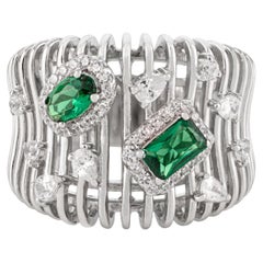 Silvorra Sterling Silver Textured Wide Band Statement Ring with Cubic Zirconia