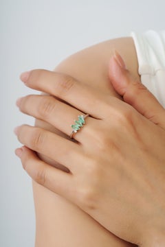 Silvorra Three Marquise Cut Emerald Gemstones & Diamond Ring in Sterling Silver