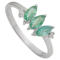 Silvorra Three Marquise Cut Emerald Gemstones & Diamond Ring in Sterling Silver