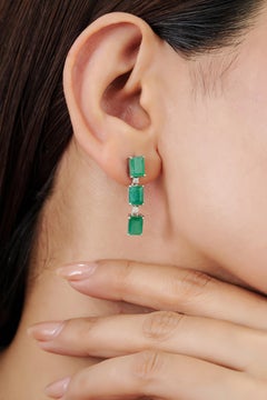 Silvorra Three Stone Emerald & Diamond Vertical Drop Earrings in Sterling Silver