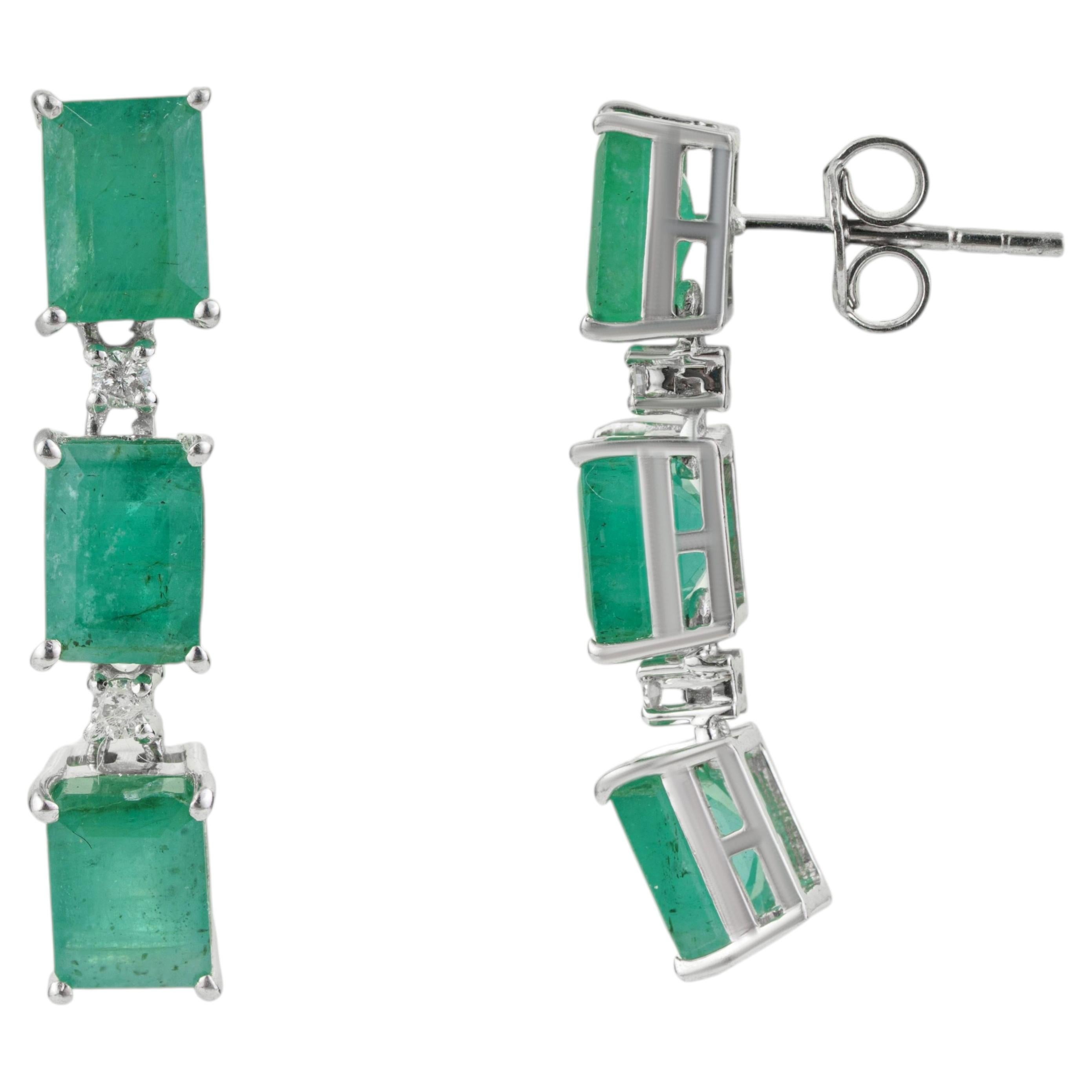 Silvorra Three Stone Emerald & Diamond Vertical Drop Earrings in Sterling Silver