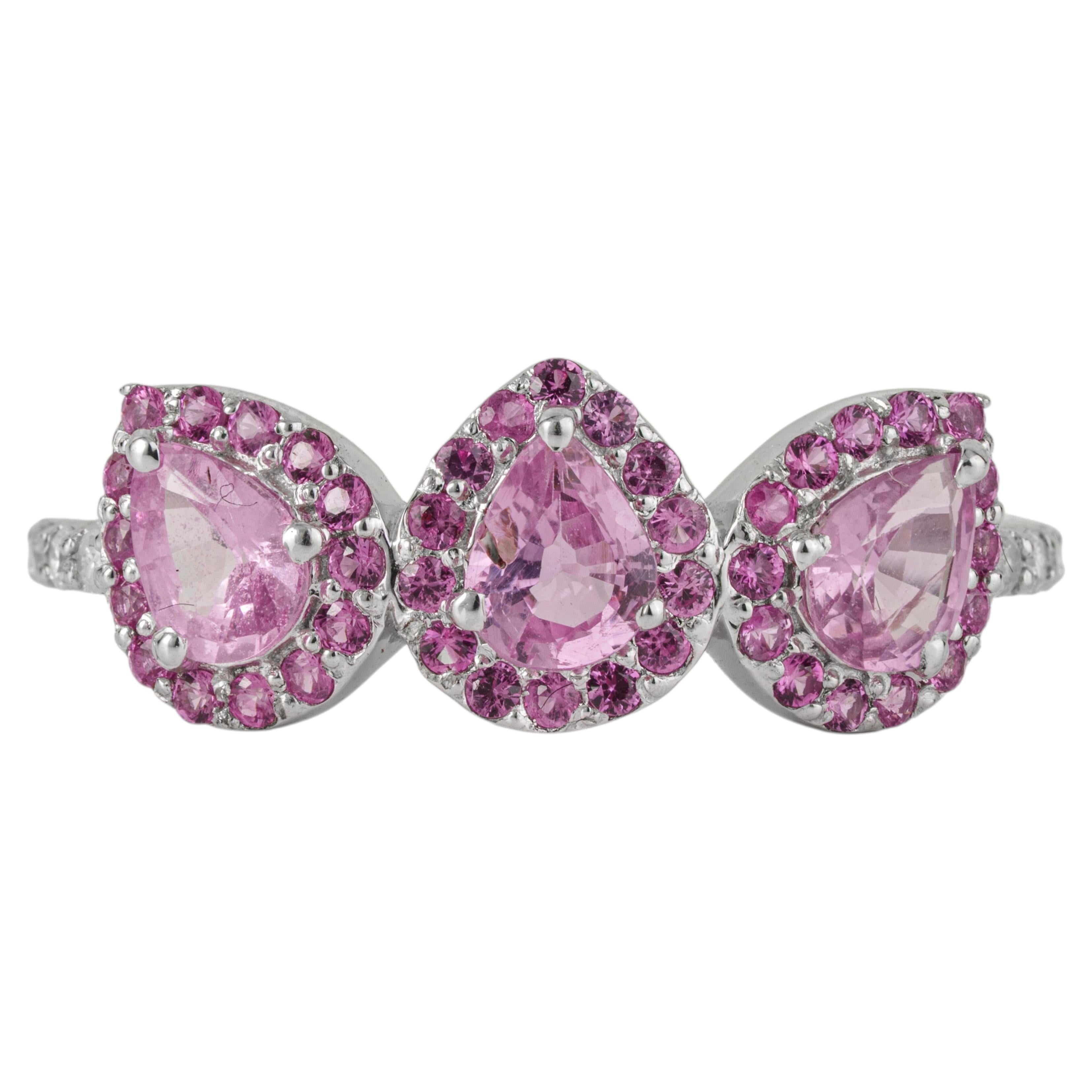 For Sale:  Silvorra Three Stone Round and Pear Pink Sapphire Halo Ring in Sterling Silver