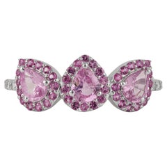 Anello Silvorra con tre pietre, zaffiro rosa rotondo e a goccia, con montatura a halo, in argento sterling