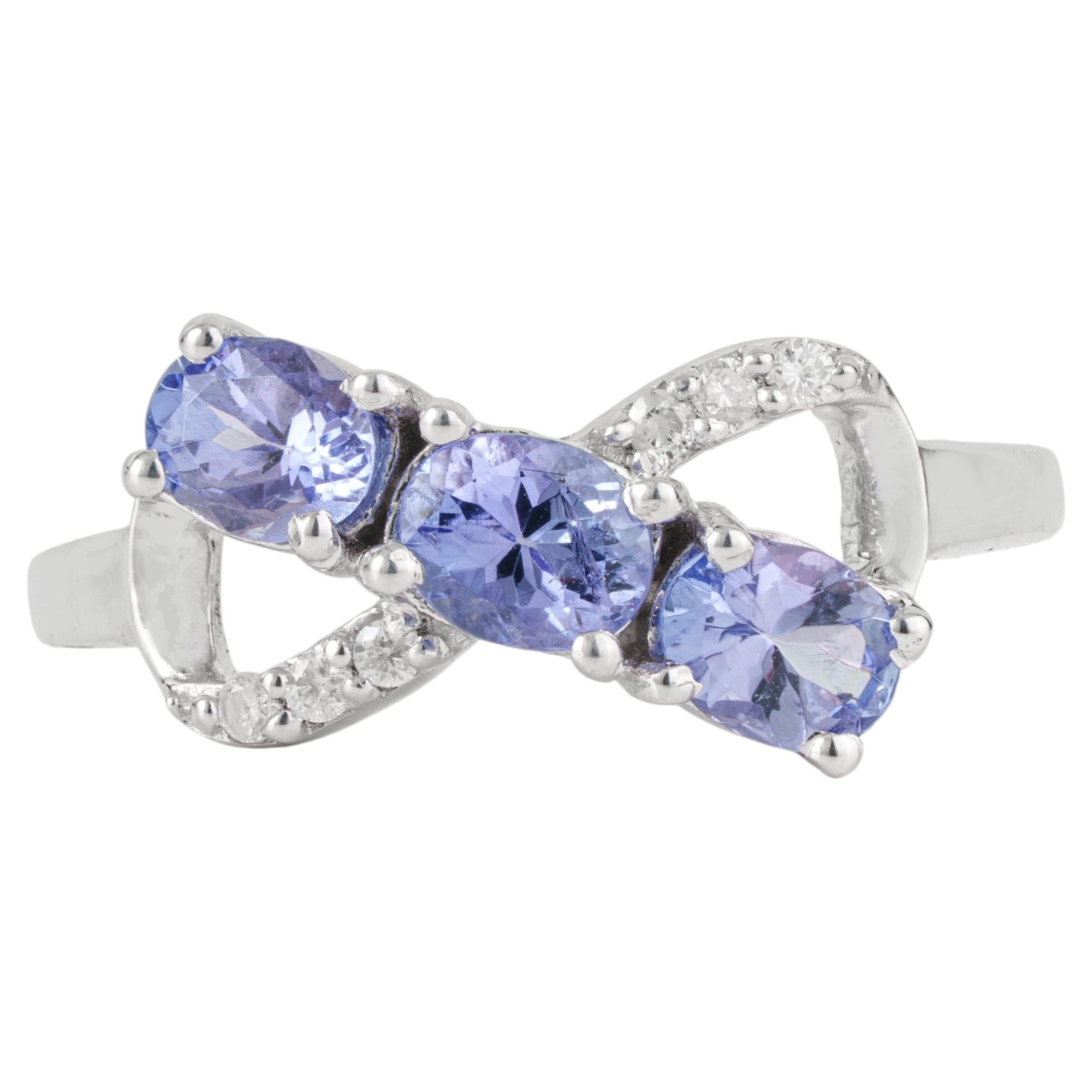 Silvorra Three Stone Sapphire and Diamond Bow Ring in Sterling Silver for her
