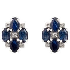 Silvorra Timeless Deep Blue Sapphire Stud with Diamond Petal Cluster Earrings