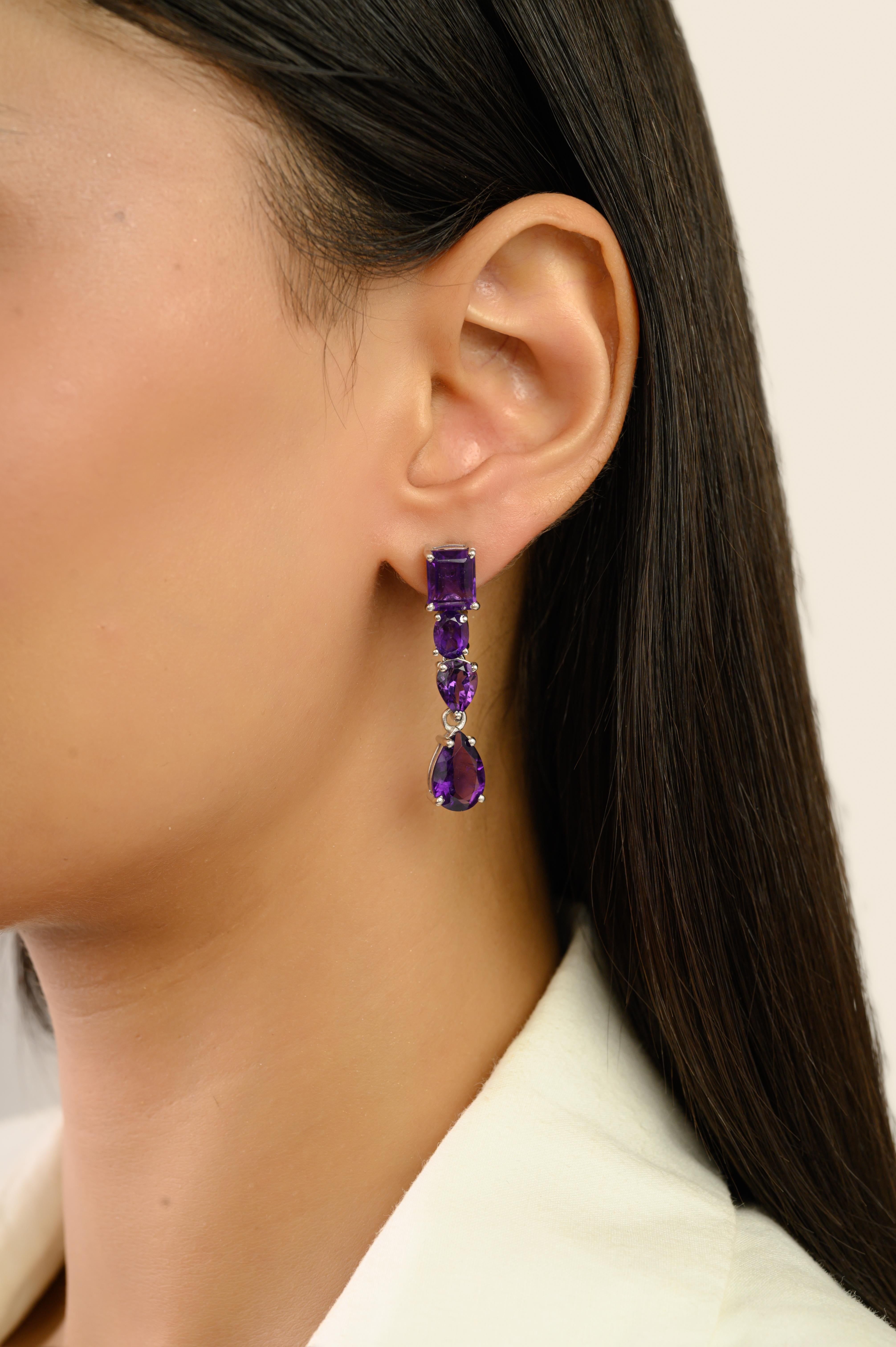 Art Deco Silvorra Timeless Multi-Cut Natural Amethyst Dangle Earrings in 925 Silver For Sale