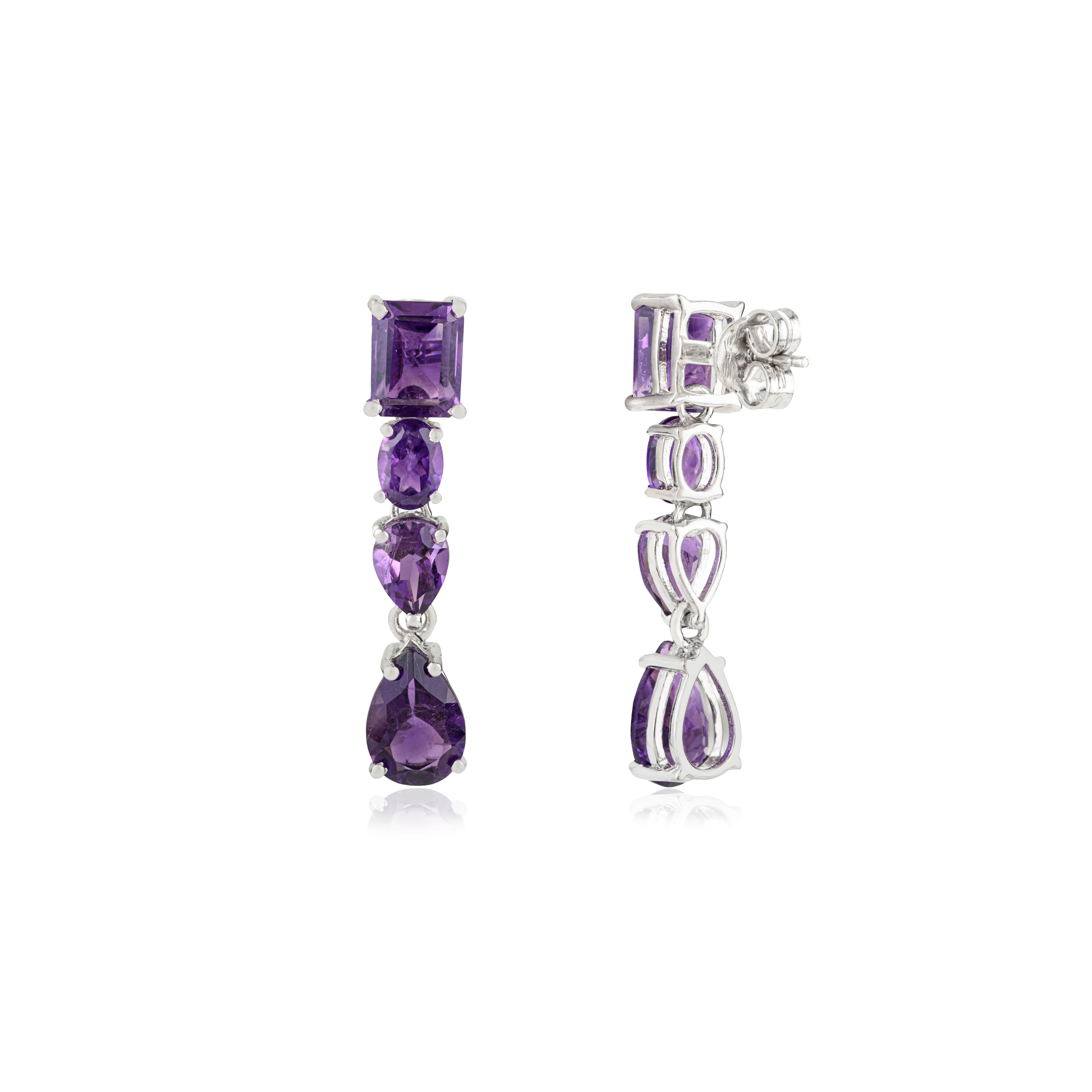 Mixed Cut Silvorra Timeless Multi-Cut Natural Amethyst Dangle Earrings in 925 Silver For Sale