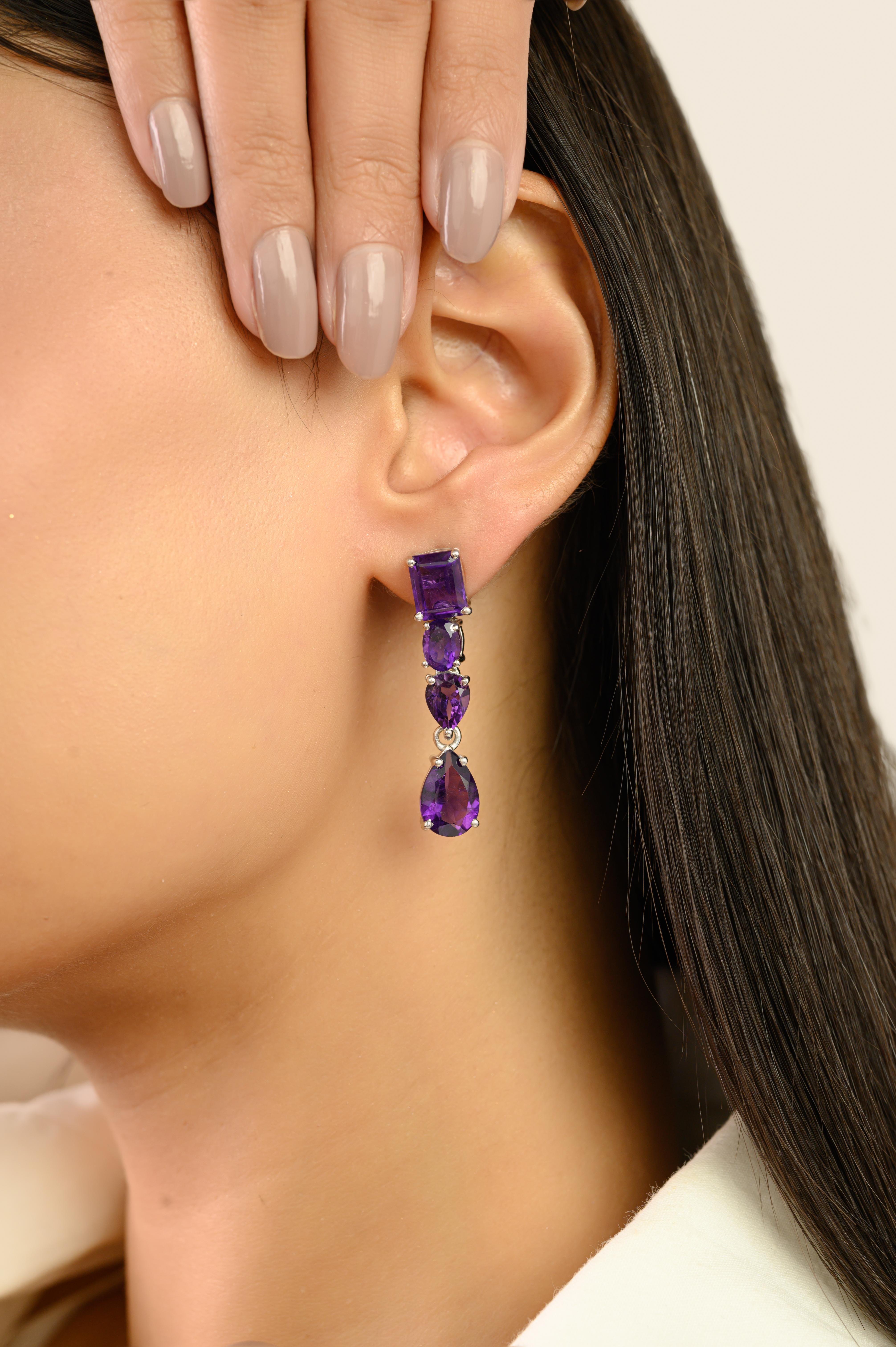 Silvorra Timeless Multi-Cut Natural Amethyst Dangle Earrings in 925 Silver In New Condition For Sale In New York, NY