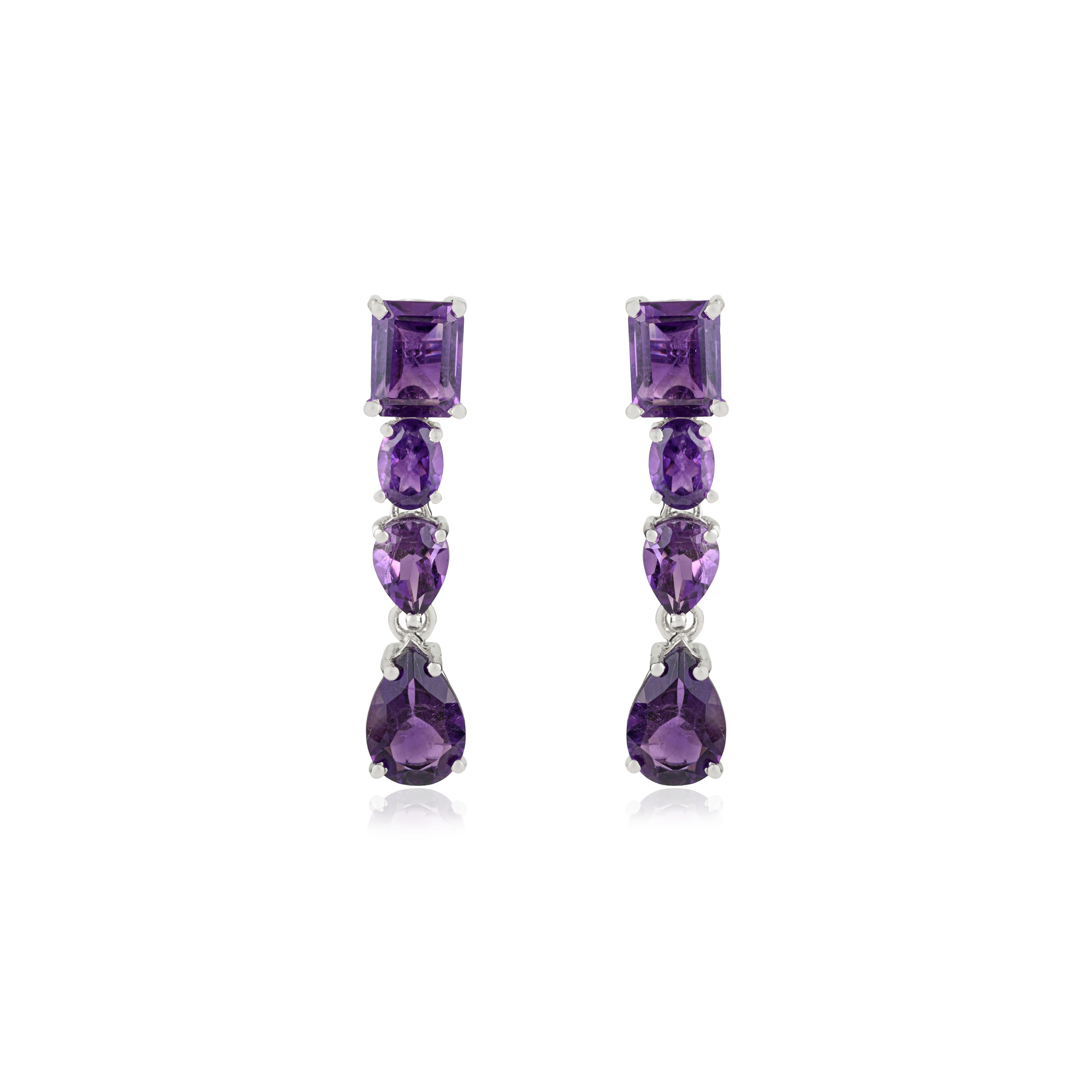 Silvorra Timeless Multi-Cut Natural Amethyst Dangle Earrings in 925 Silver For Sale 1