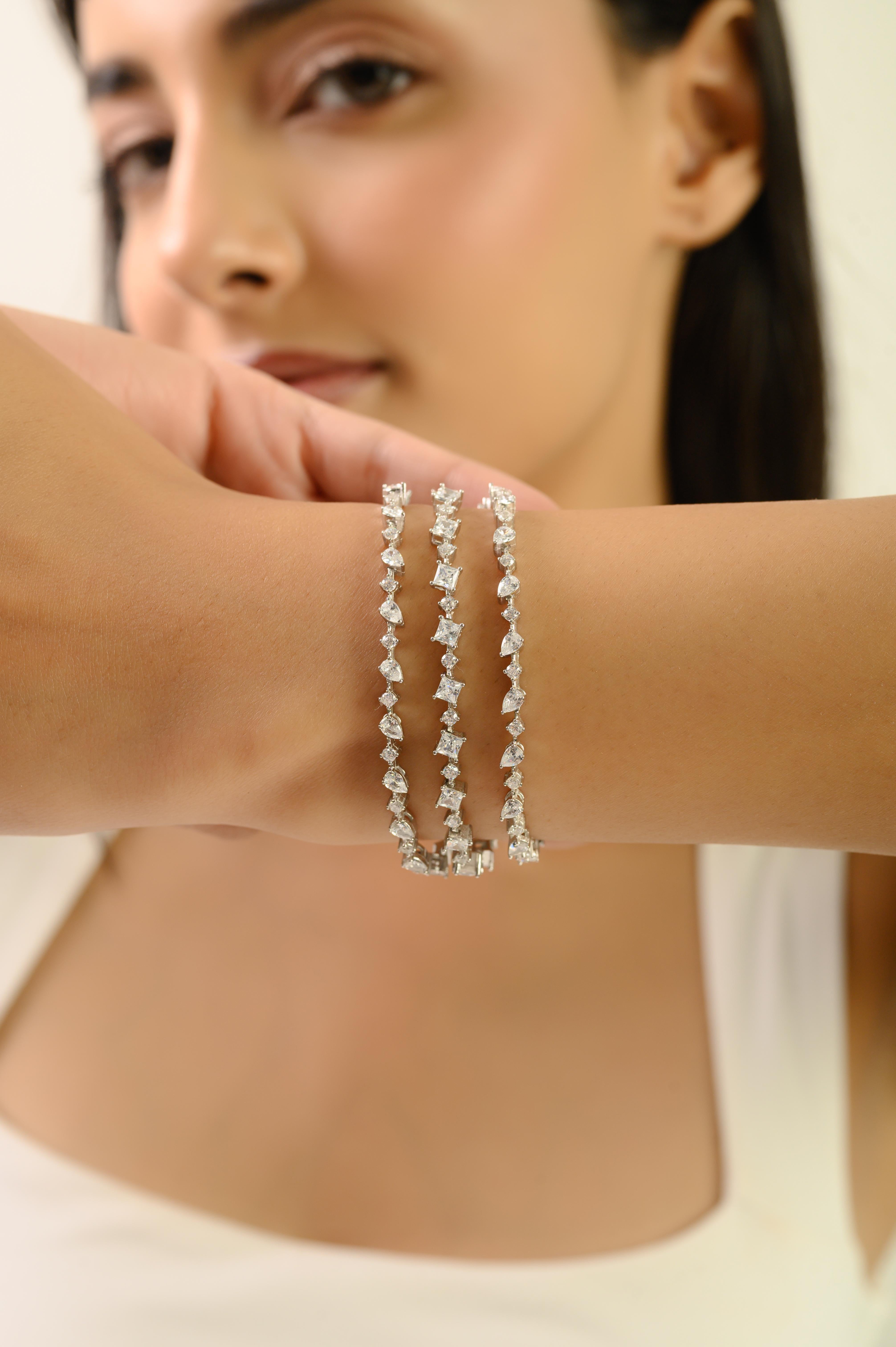 Silvorra Pulsera de tenis de tres filas de circonitas brillantes de plata 925 Corte mixto en venta