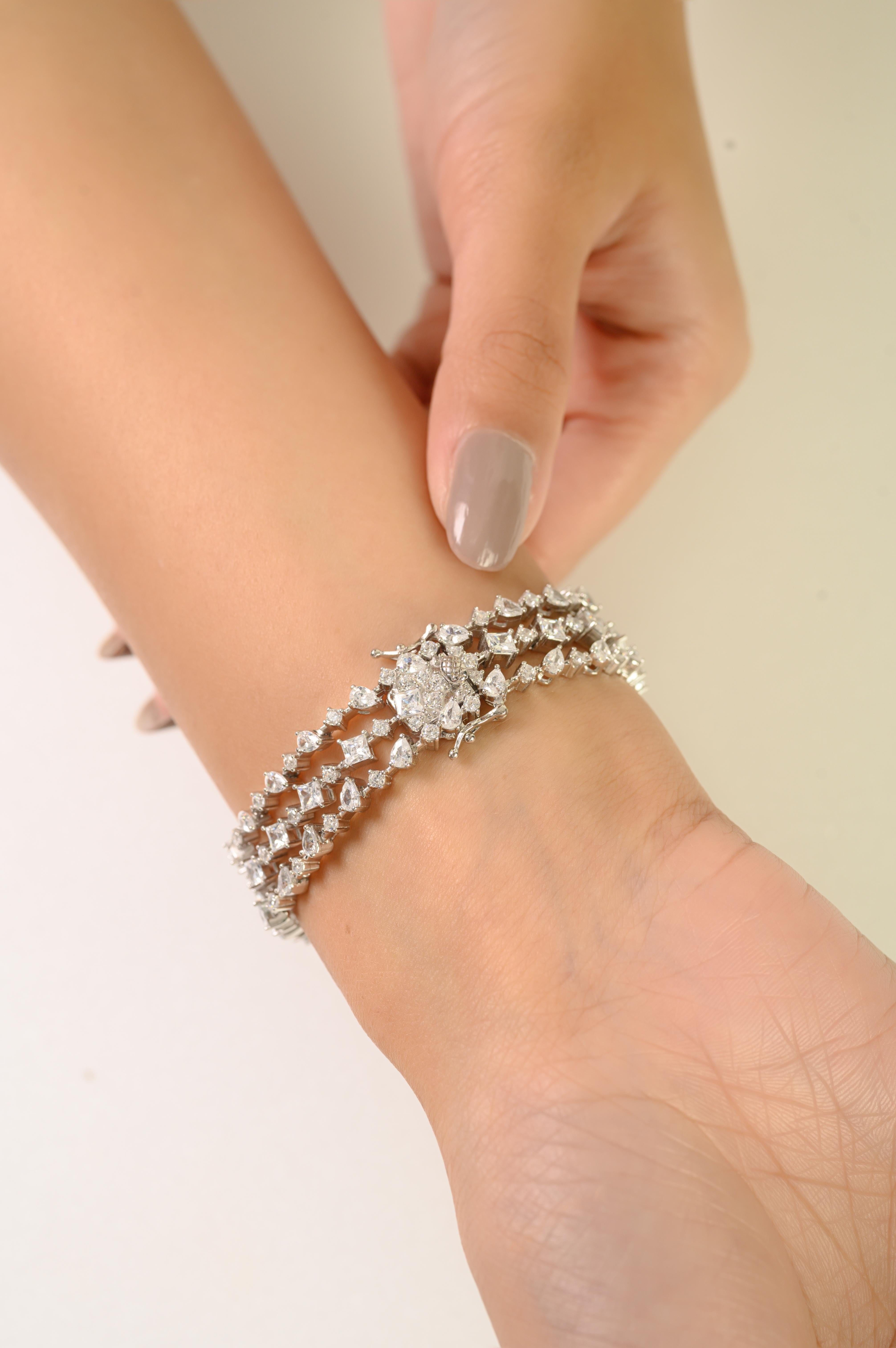 Silvorra Pulsera de tenis de tres filas de circonitas brillantes de plata 925 en venta 2