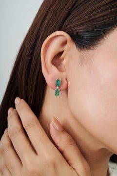 Silvorra Two Stone 3.91ct Emerald & Diamond Vertical Drop Earrings in 925 Silver