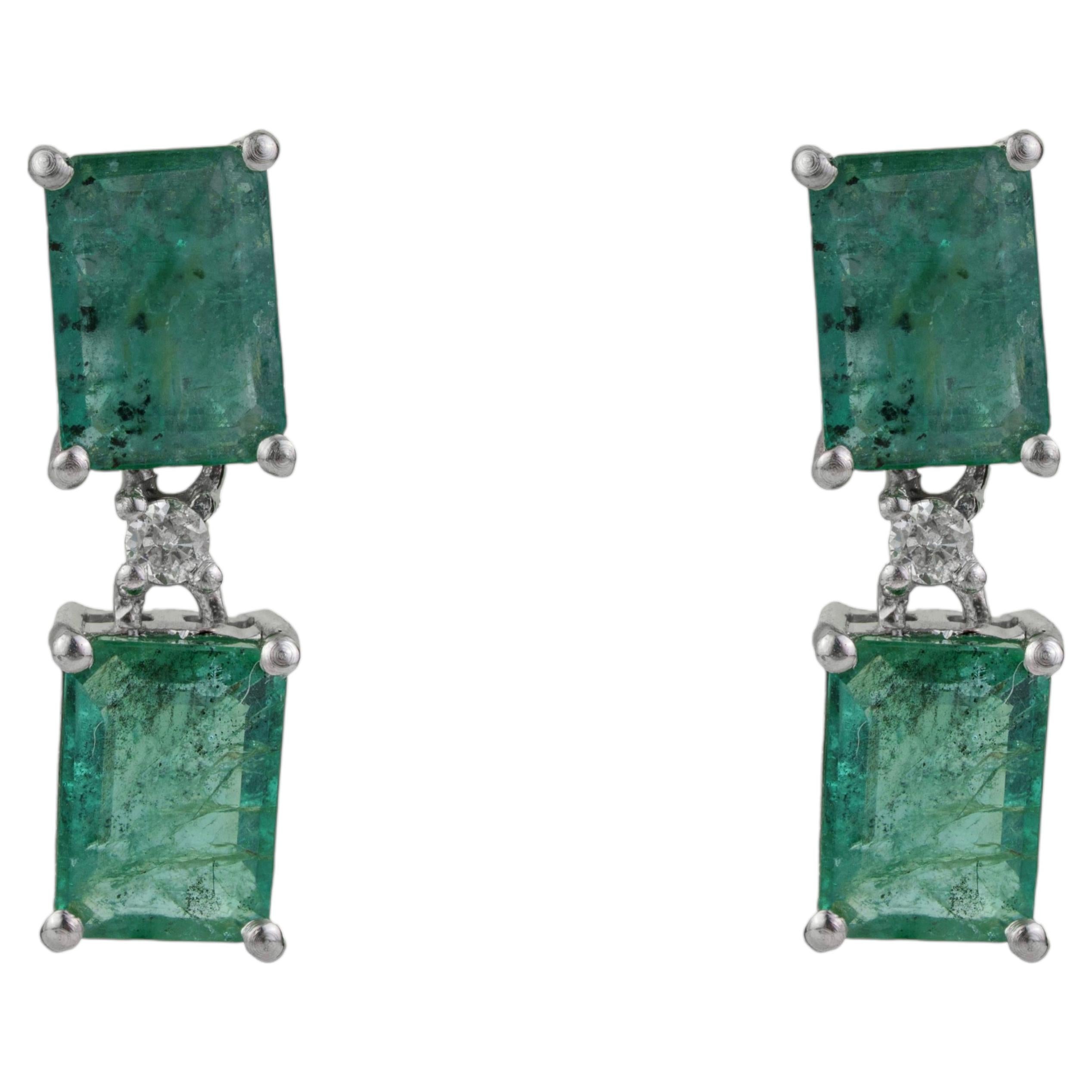 Silvorra Two Stone 3.91ct Emerald & Diamond Vertical Drop Earrings in 925 Silver