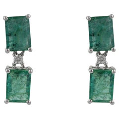 Silvorra Two Stone 3.91ct Emerald & Diamond Vertical Drop Earrings in 925 Silver