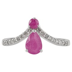 Silvorra Two Stone Pink Ruby and Diamond Chevron Band Ring in Sterling Silver
