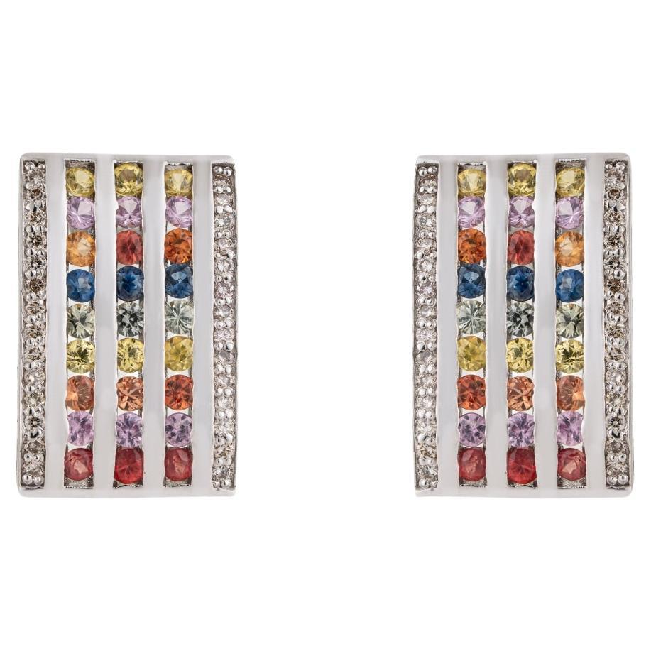 Silvorra Vertical Column Multi Sapphire Statement Earrings with Diamonds for Her For Sale