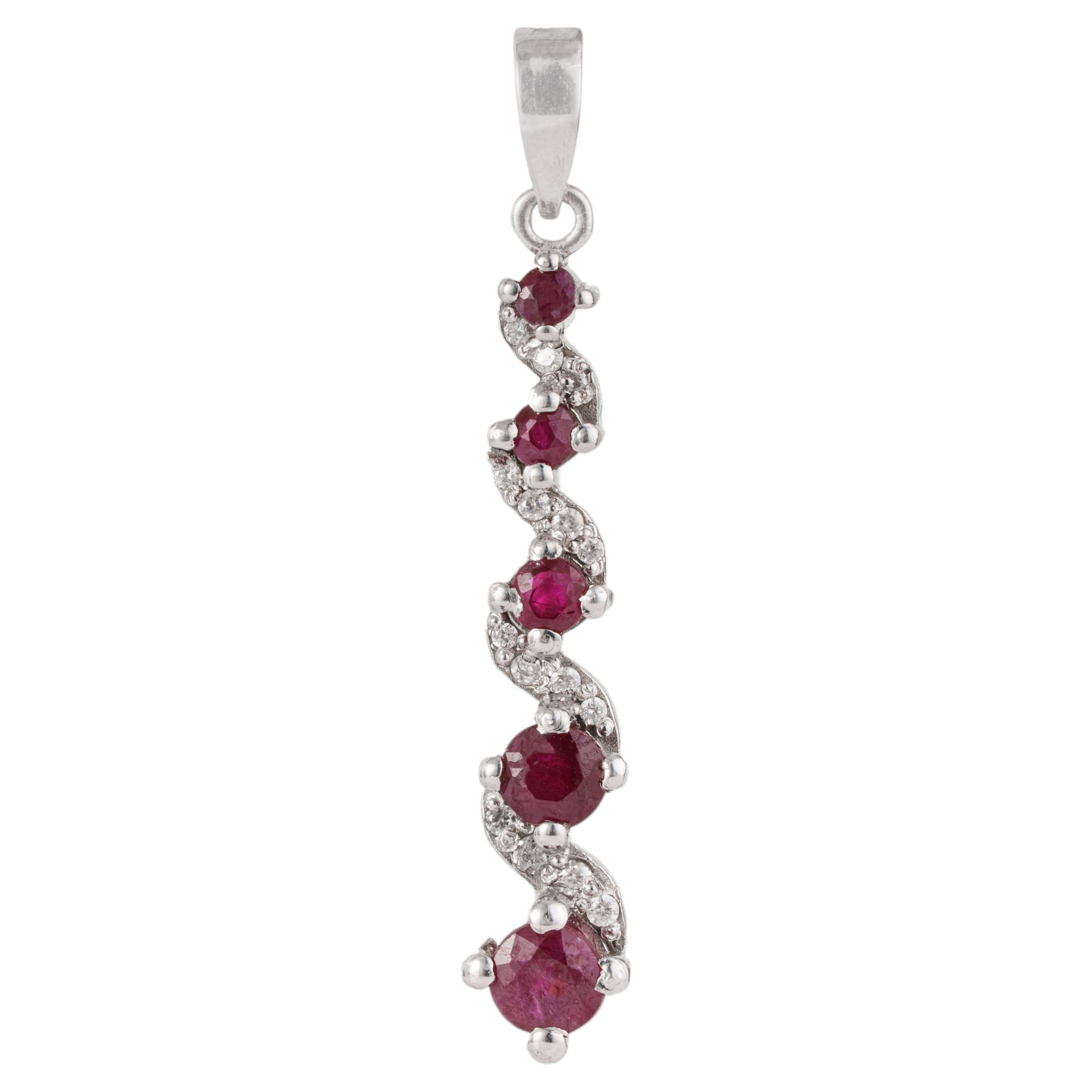 Silvorra Vertical Graduated Ruby and Diamond Curve Charm Pendant in 925 Silver