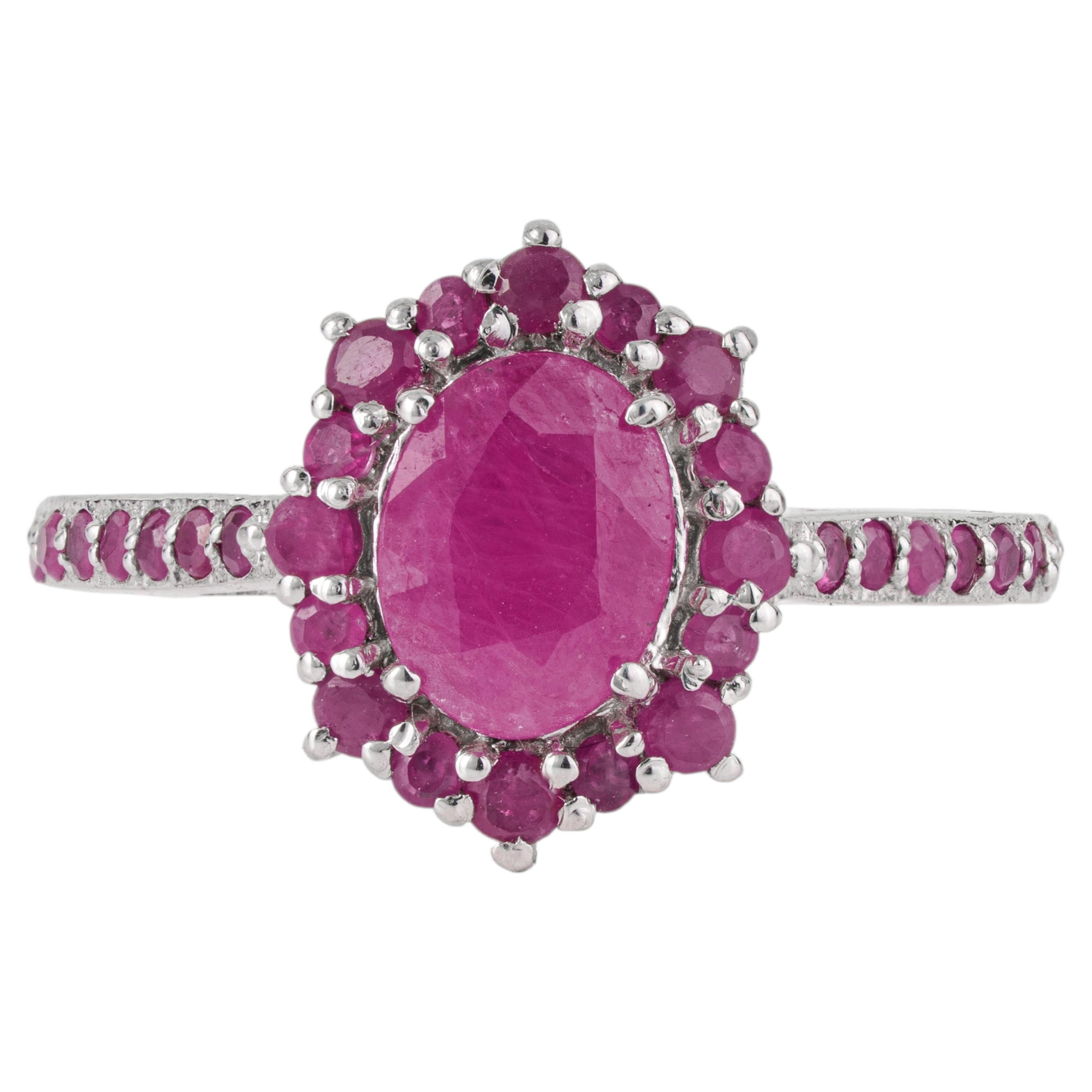 Silvorra – Ring im viktorianischen Stil mit ovalen und runden rosa Rubinen (insgesamt 2,36 Karat) im Halo-Design aus 925er Silber