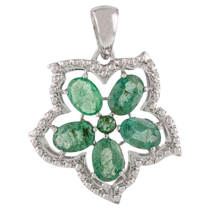 Silvorra Vintage Floral Natürlicher Smaragd und Zirkon Halo-Anhänger in 925 Silber