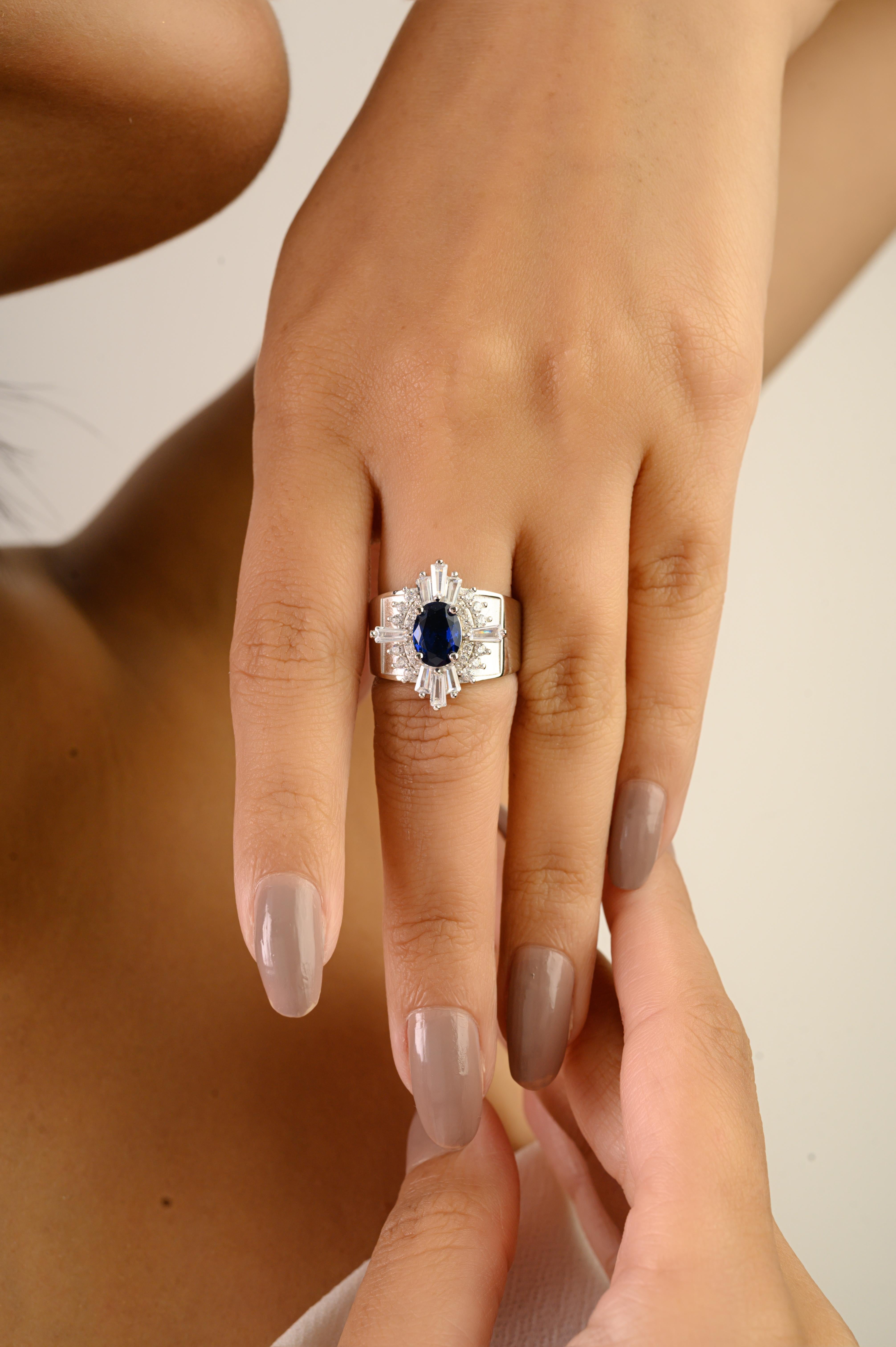 En venta: Silvorra Anillo de Plata 925 Inspirado en la Época con Circonita Cúbica Azul Profundo y Blanca  5