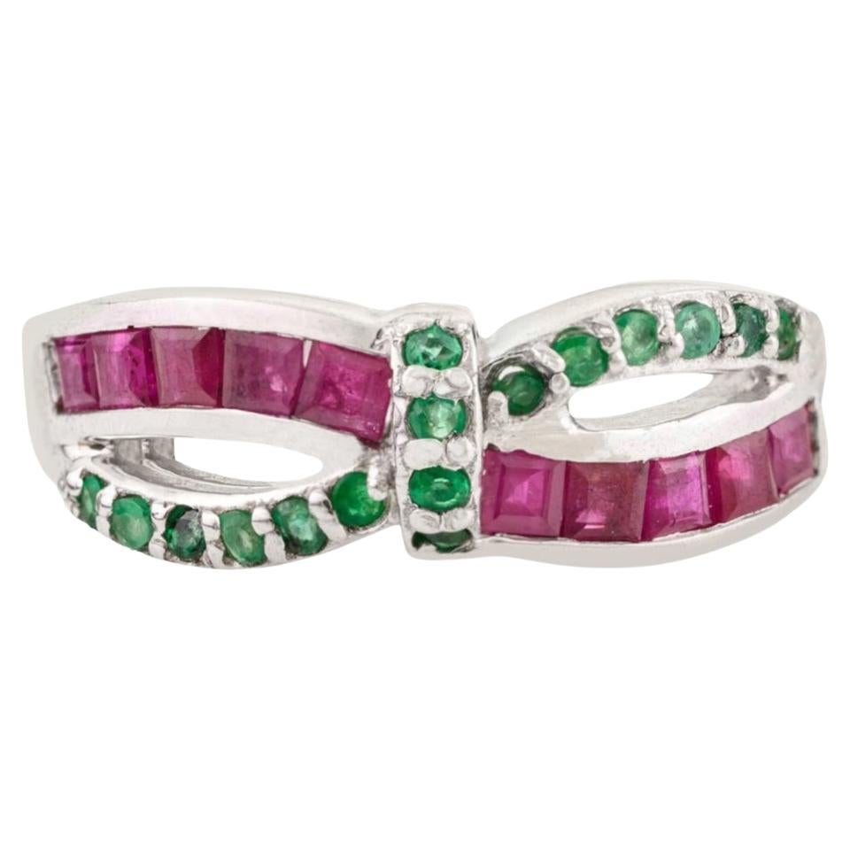 Silvorra Vintage-Inspired Emerald and Ruby Crossover Twist Silver Ring for Her