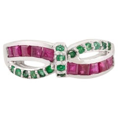 Silvorra Vintage-Inspired Emerald and Ruby Crossover Twist Silver Ring for Her