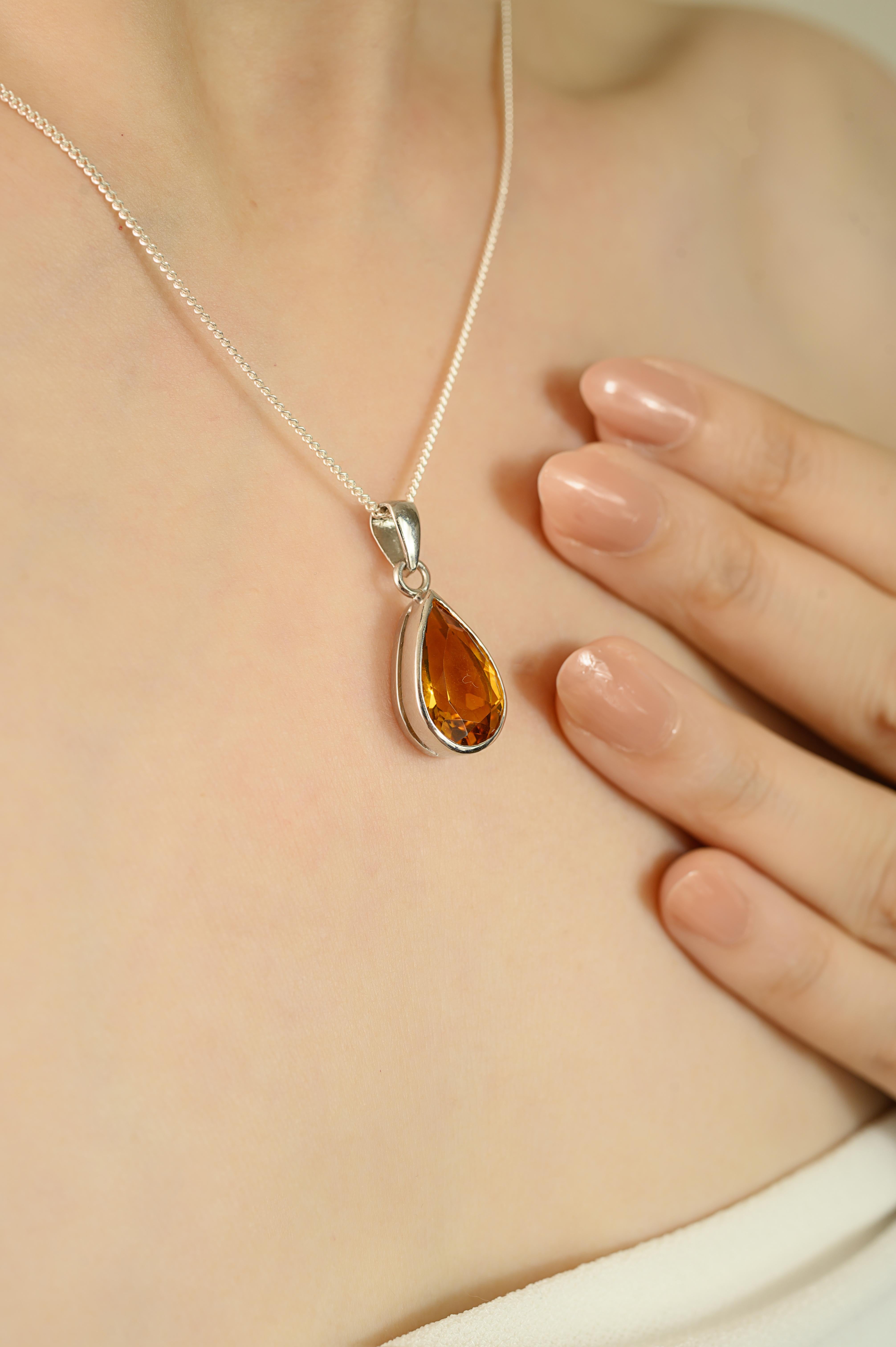 Pear Cut Silvorra Vintage Inspired Natural Citrine Teardrop Pendant in 925 Solid Silver For Sale