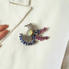 Silvorra Vintage-Inspired Opal Ruby Sapphire and Diamond Bird Brooch Cum Pendant
