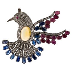 Silvorra Vintage-Inspired Opal Ruby Sapphire and Diamond Bird Brooch Cum Pendant