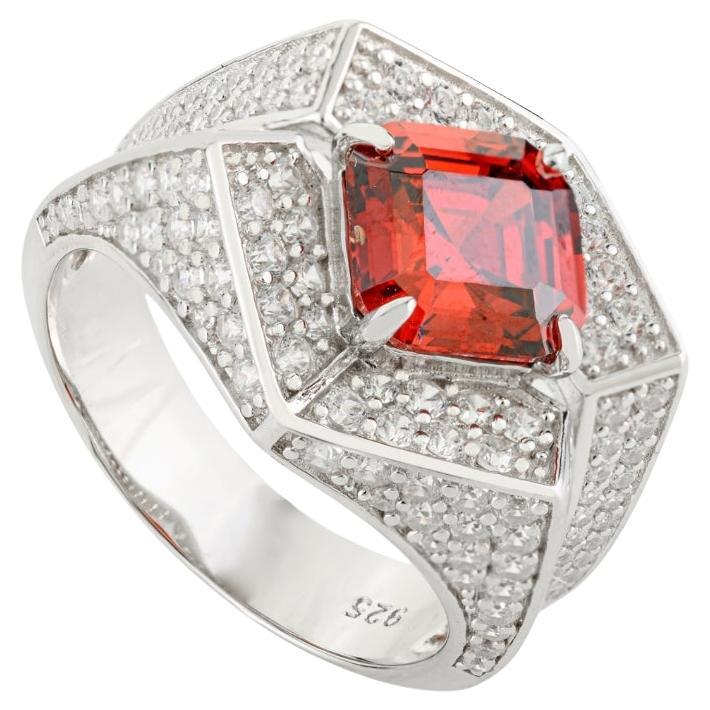 A Silver Bague cocktail en argent 925 avec CZ rouge et blanc de taille carrée, d
inspiration Vintage