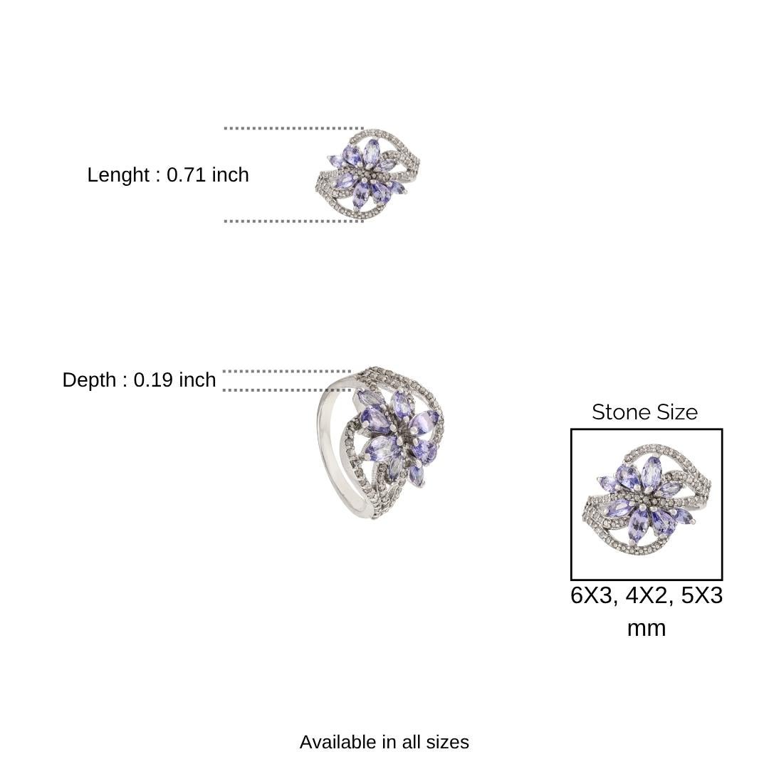 For Sale:  Silvorra Vintage Inspired Tanzanite & Diamond Flower Cocktail Ring in 925 Silver 10