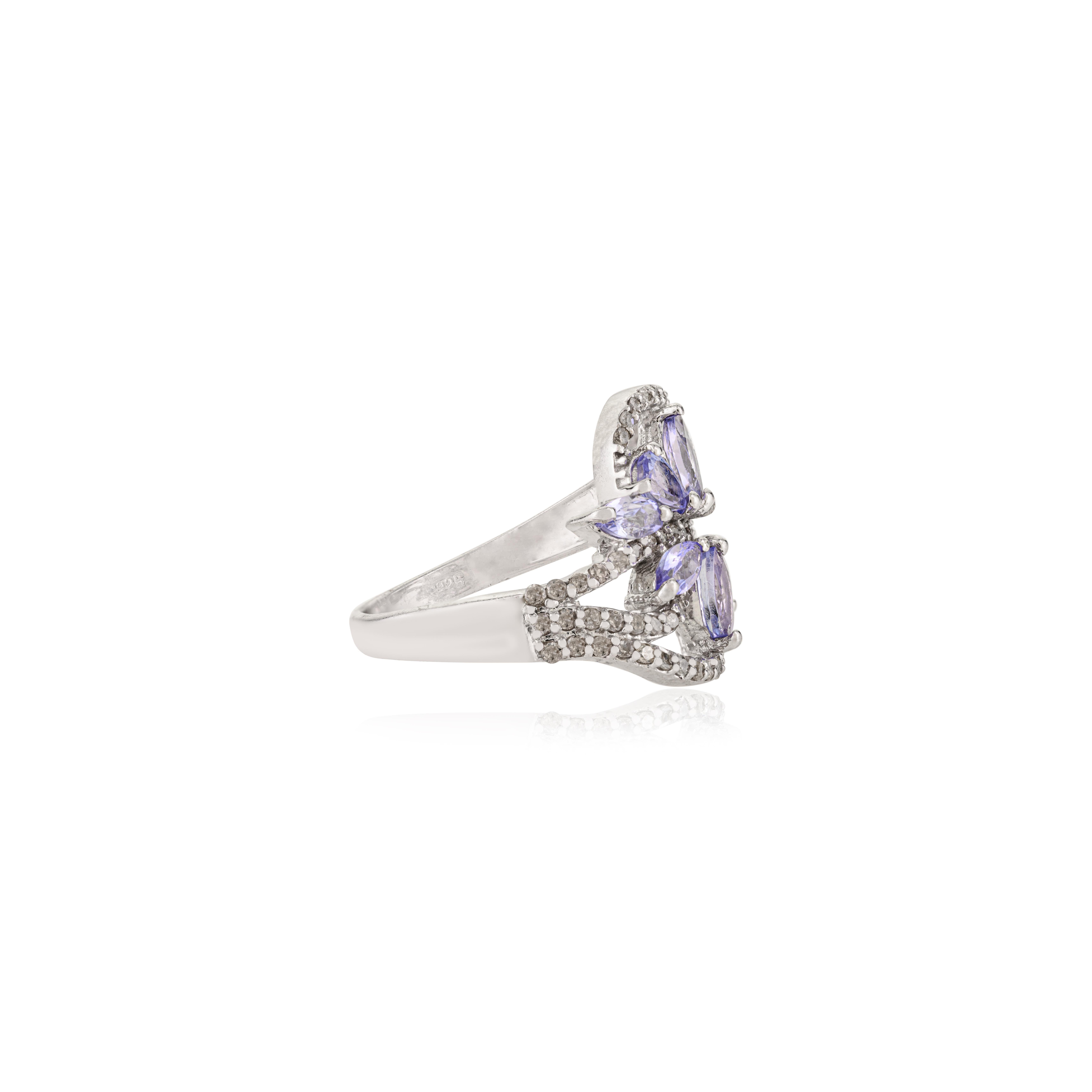 For Sale:  Silvorra Vintage Inspired Tanzanite & Diamond Flower Cocktail Ring in 925 Silver 5