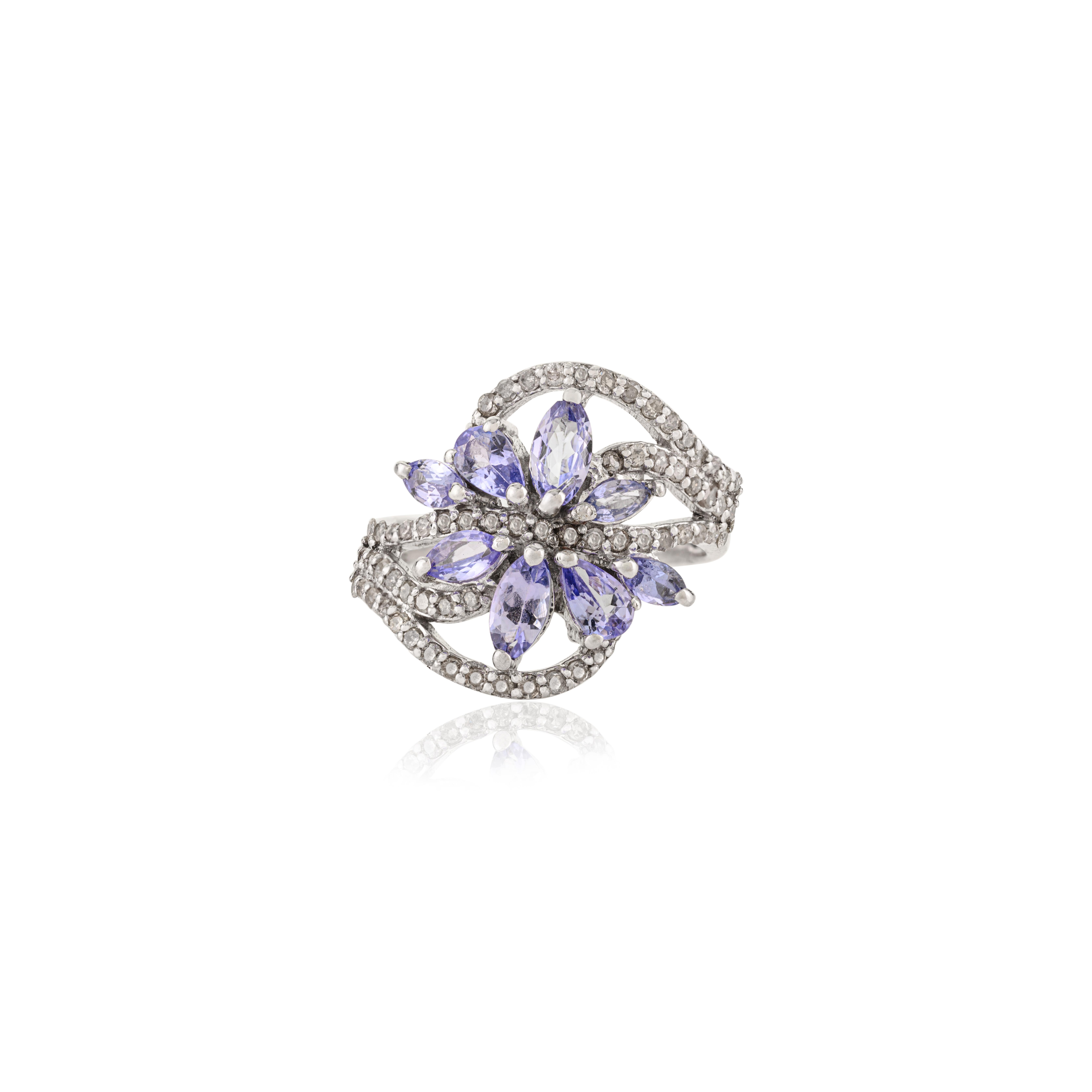 For Sale:  Silvorra Vintage Inspired Tanzanite & Diamond Flower Cocktail Ring in 925 Silver 9