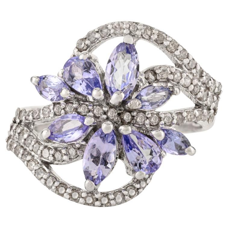 Silvorra Vintage inspiriert Tansanit
Diamant Blume Cocktail Ring in 925 Silber