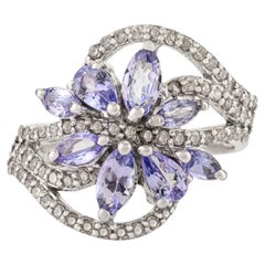 Silvorra Vintage inspiriert Tansanit & Diamant Blume Cocktail Ring in 925 Silber
