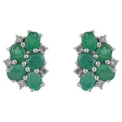 Silvorra Vintage Style Oval Emerald & Diamond Cluster Stud Earrings 925 Silver