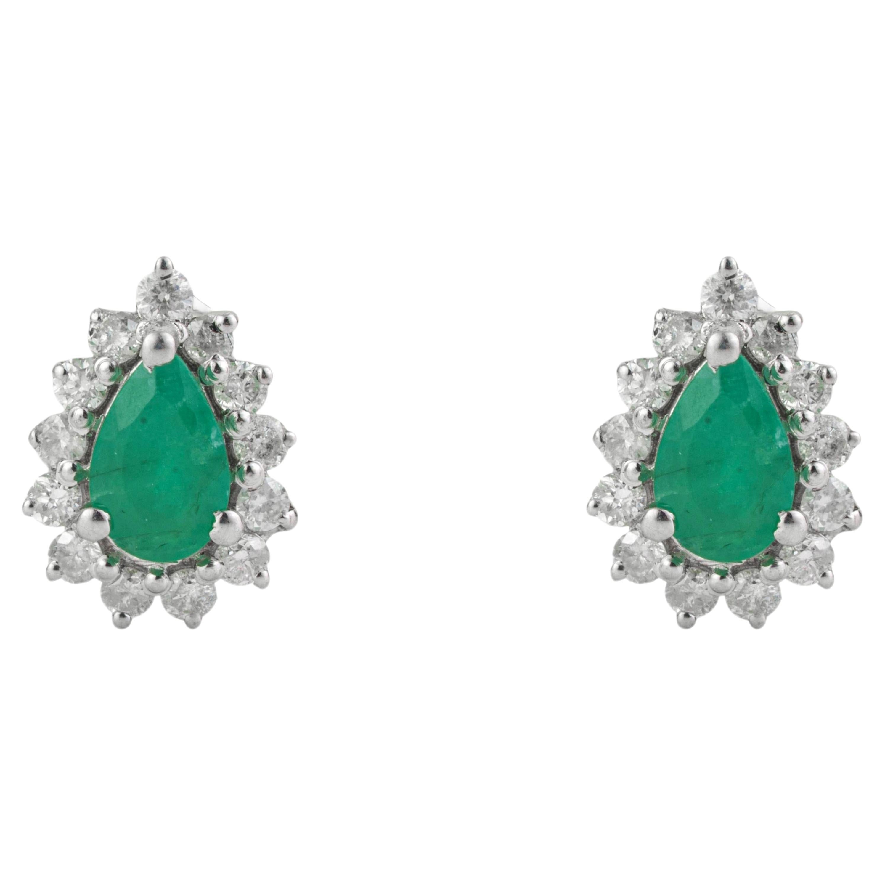 Silvorra Vintage Style Pear Cut Emerald & Diamond Halo 925 Silver Stud Earrings