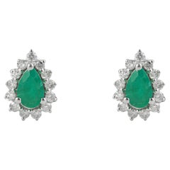 Silvorra Vintage Style Pear Cut Emerald & Diamond Halo 925 Silver Stud Earrings