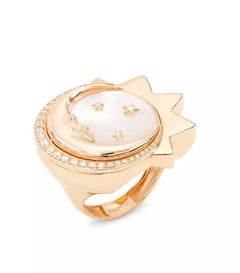 Sim and Roz 14K Gold Crescent Moon Mother of Pearl Ring with Diamonds