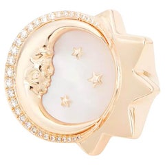 Sim and Roz 14K Gold Crescent Moon Mother of Pearl Ring with Diamonds