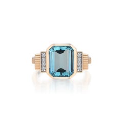 Sim and Roz 14K Gold Ring with Emerald cut Aquamarine and Diamonds