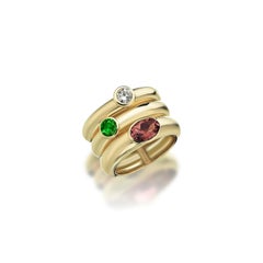Sim and Roz 14K Gold Triple Band Ring with Tourmaline, Diopside and Diamond