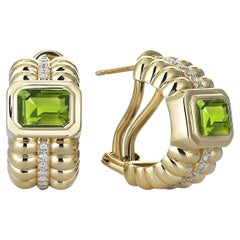 Sim and Roz 14K Yellow Gold Earrings with Diamonds and Emerald Cut Peridot