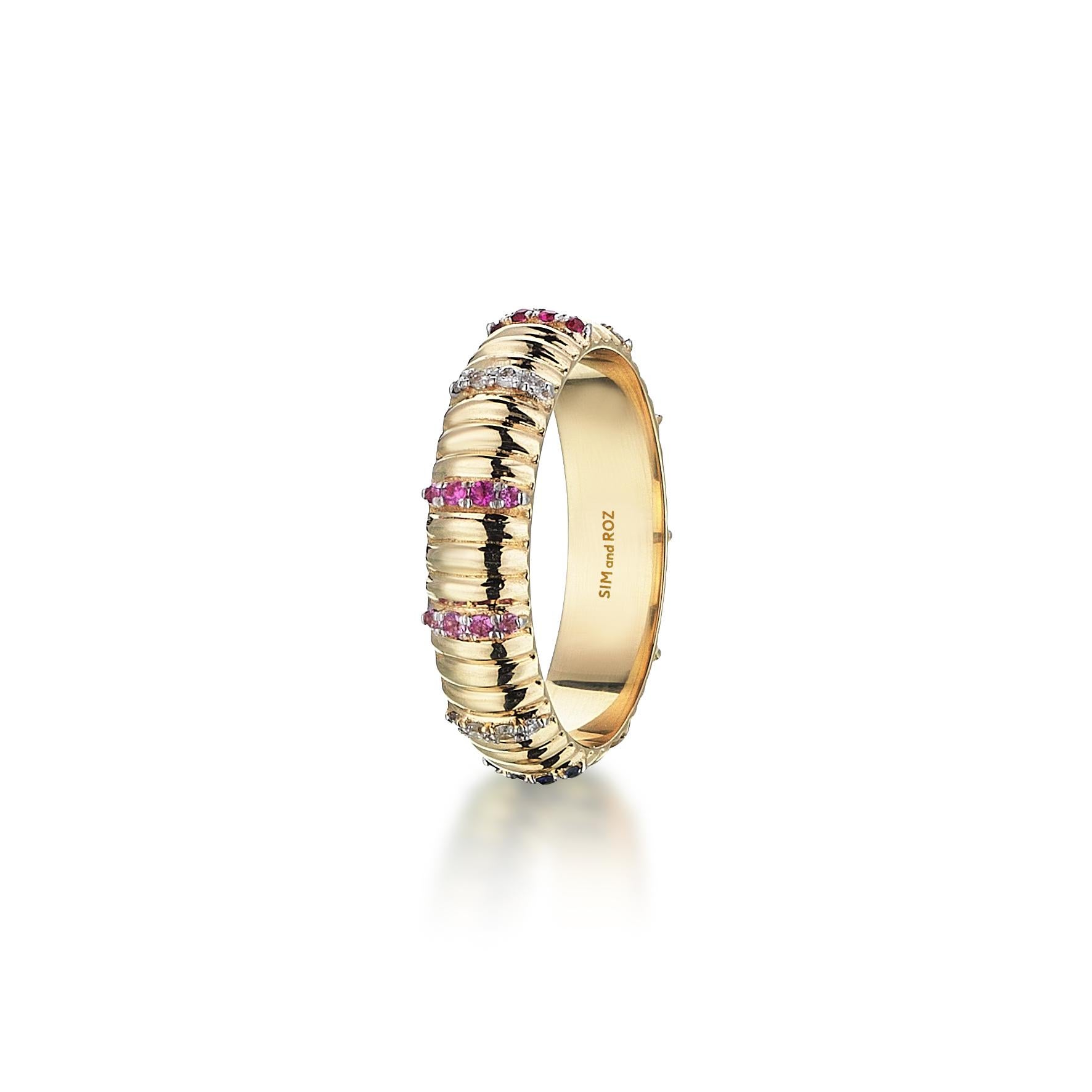 For Sale:  Sim and Roz 18K Yellow Gold Band Ring with Diamonds and Multicolor Sapphires 6