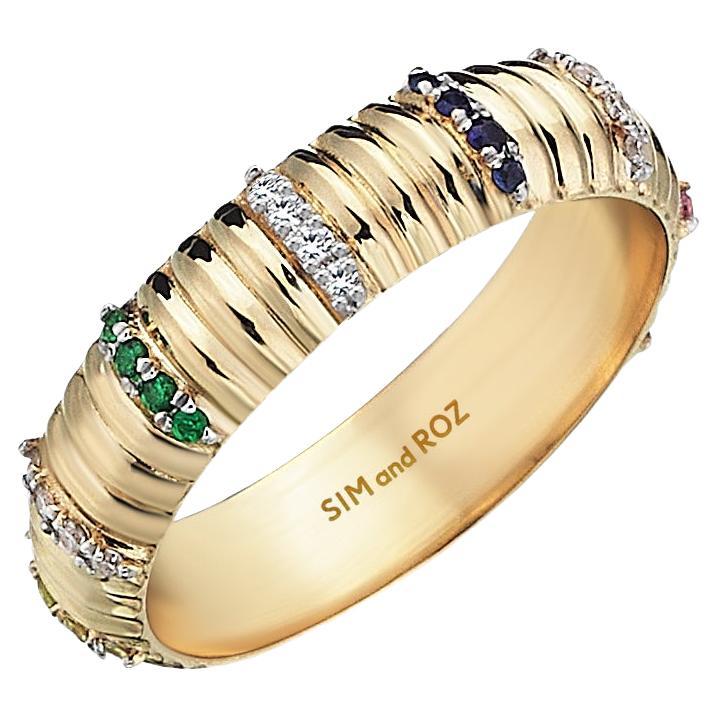 For Sale:  Sim and Roz 18K Yellow Gold Band Ring with Diamonds and Multicolor Sapphires