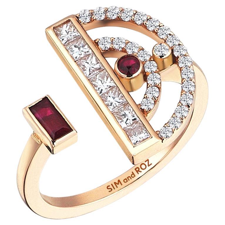 For Sale:  Sim and Roz Rose Gold Ring with Round and Princess Cut Diamonds and Ruby