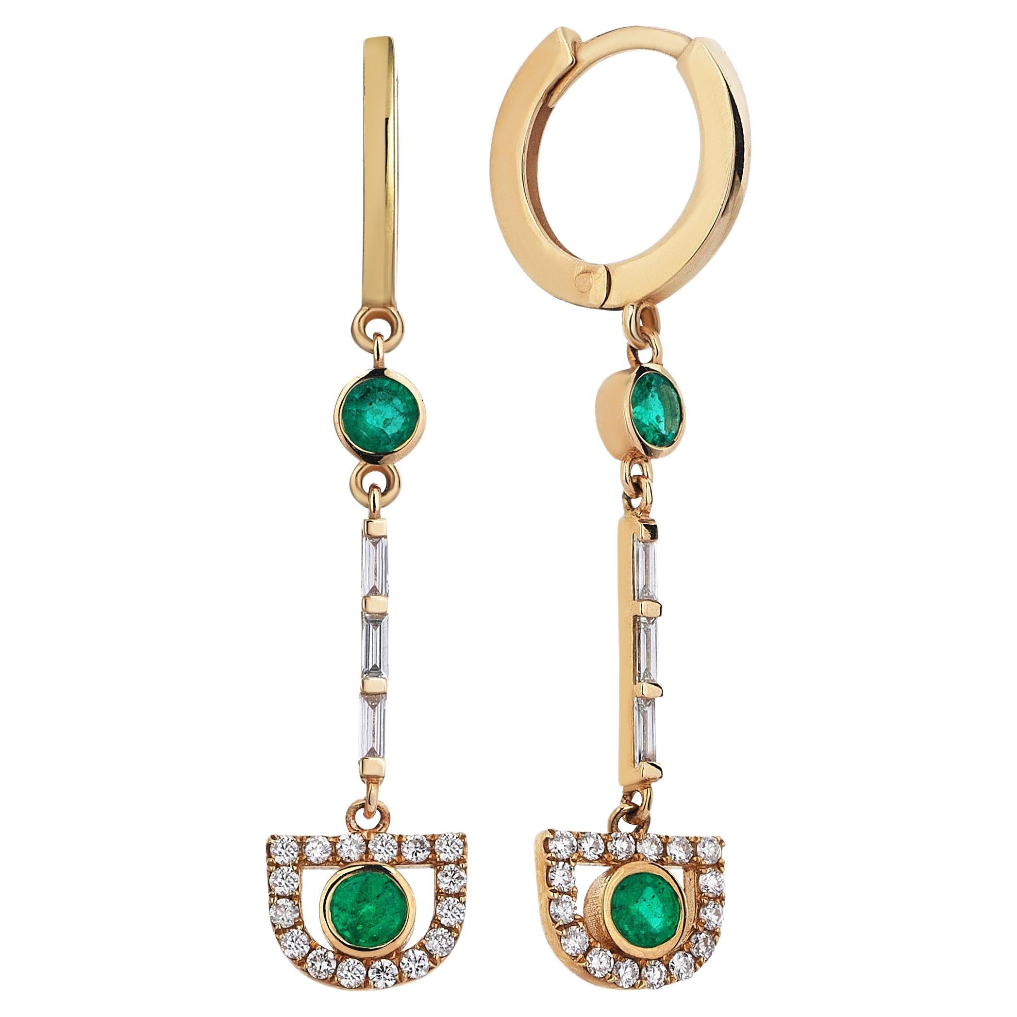 Sim and Roz Yellow Gold Drop Earring with Baguette Cut Diamonds and Emerald For Sale