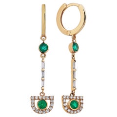 Sim and Roz Yellow Gold Drop Earring with Baguette Cut Diamonds and Emerald