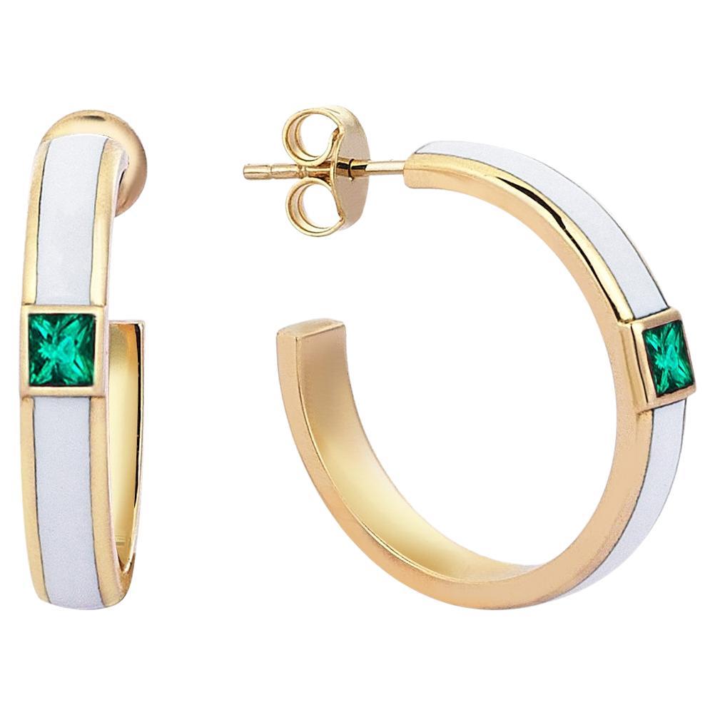 Sim and Roz Yellow Gold Hoops with 0.25 Carats Princess Cut Emeralds For Sale